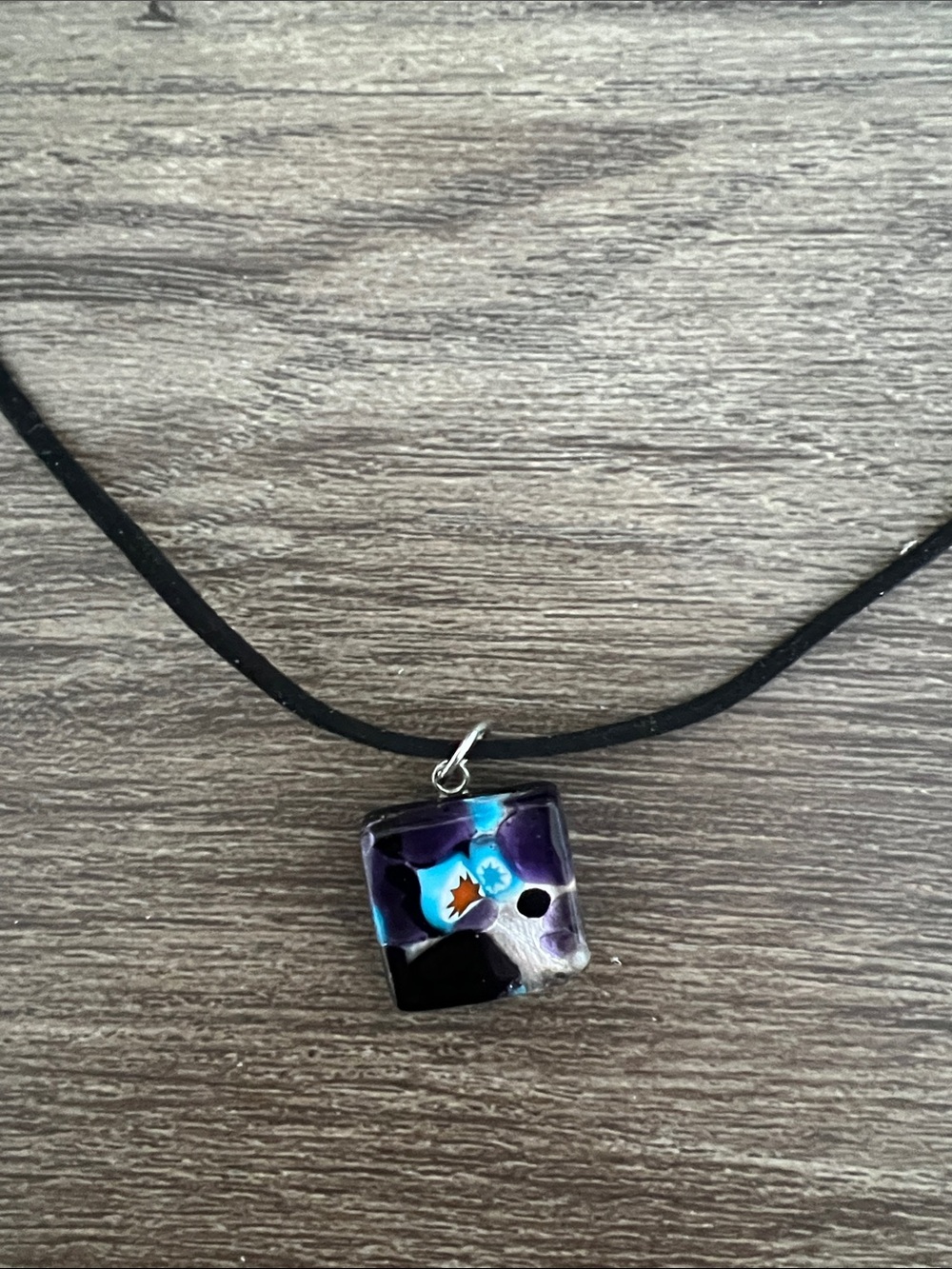 Murano Italian Purple & Blue Glass Cube Pendant Necklace